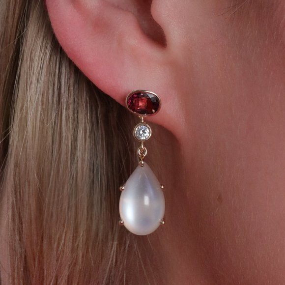 18k Yellow Gold Tourmaline, Diamond and Moonstone Earrings - Picture 3 of 4